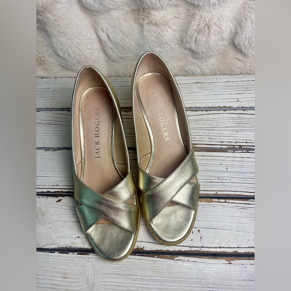 Jack Rogers Palmer Crisscross Gold Metallic Leather Wedge Espadrille Shoes 6.5
